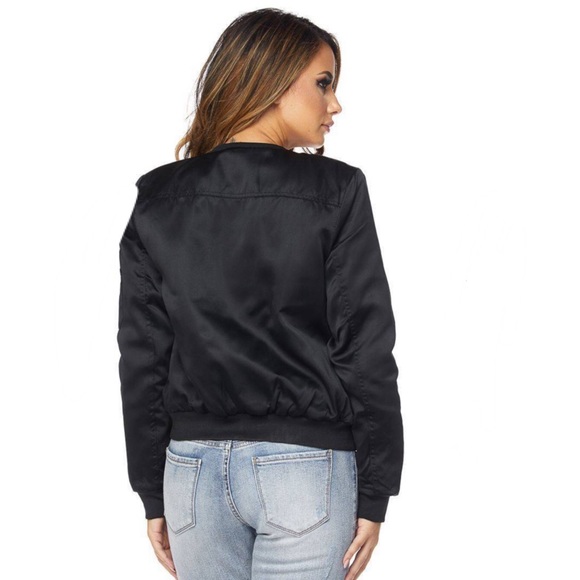 BLACK SATIN BOMBER JACKET - Picture 2 of 2
